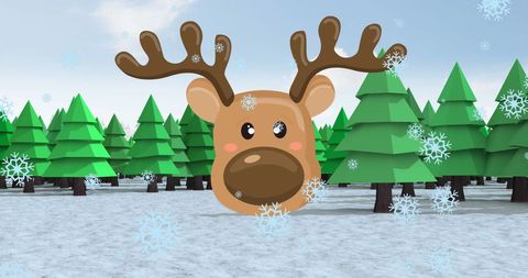 Cute Reindeer Icon in Snowy Christmas Winter Landscape