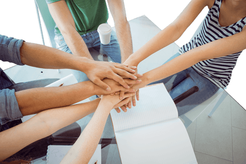 Transparent hands touching teamwork concept with diverse students