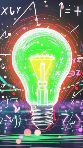 Flickering Neon Lightbulb Filling with Green Energy, Pulsing Red Ring Loopable Vertical Video