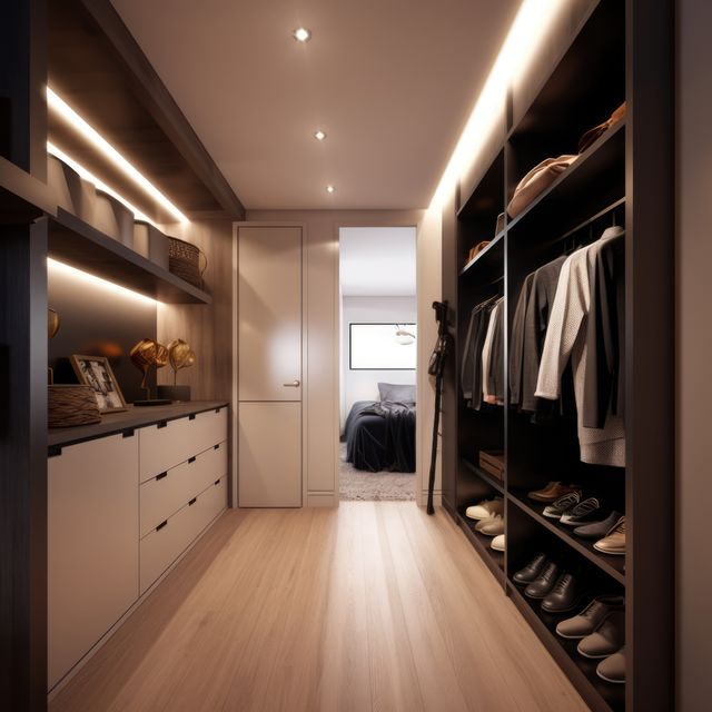 Modern walk-in closet featuring ample storage space and warm lighting, showcasing neatly organized clothes, shoes, and accessories. Ideal for illustrating luxurious and organized home interiors, contemporary lifestyle, and minimalistic living.