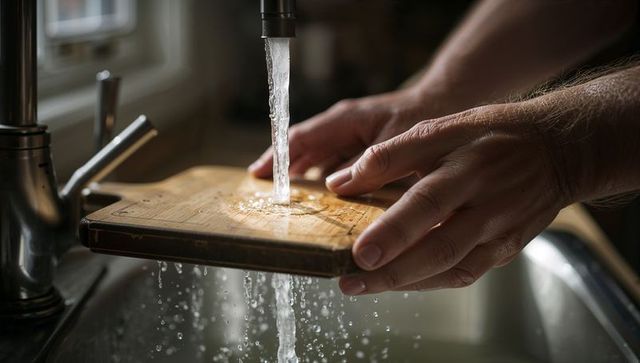 Man rinsing wooden cutting board under running tap, close-up kitchen hygiene and care