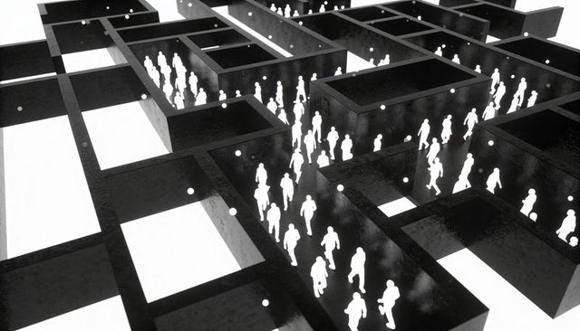 White Silhouettes Navigating Labyrinth of Black Blocks, Minimalist Monochrome Concept