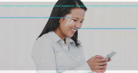 Smiling asian woman using smartphone with digital interface overlay mobile tech concept