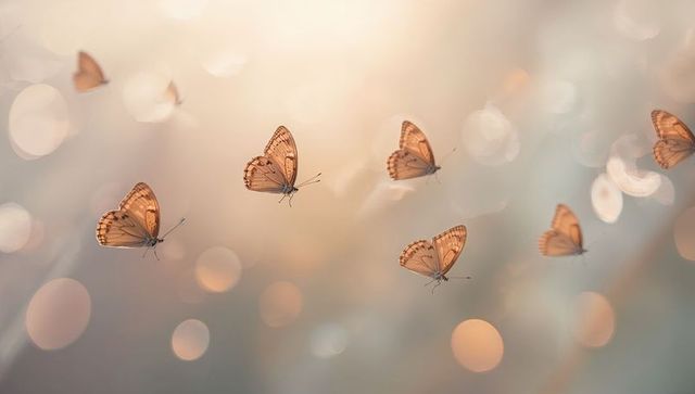 Butterflies fluttering across golden meadow at sunset with warm bokeh orbs