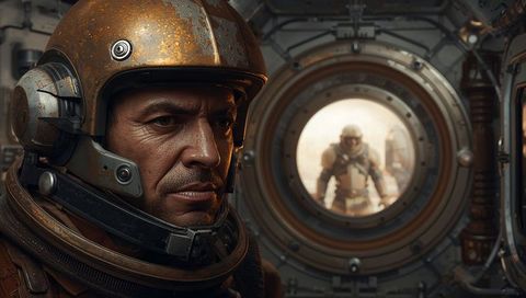 Weathered astronaut close-up portrait in spacecraft module with porthole view and suit details