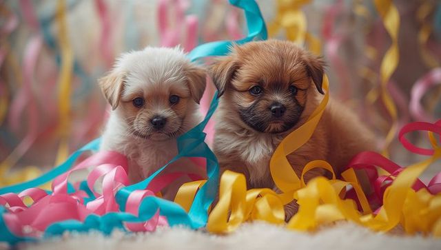 Playful puppies amongst colorful party ribbons celebrating playtime