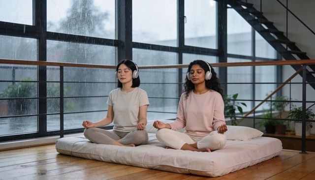 Pair meditating with headphones on futon by rainy loft windows, calm mindfulness practice