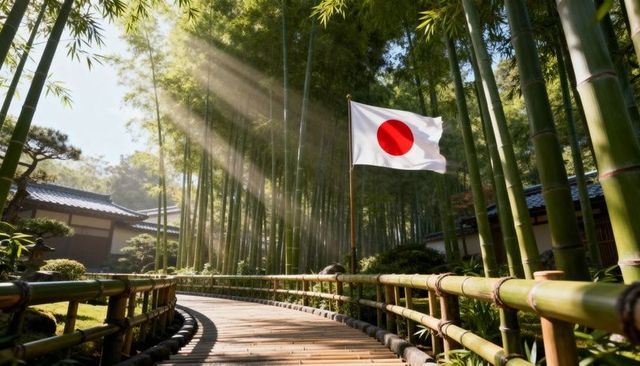 Waving japanese flag guiding curved bamboo walkway with sunlit canopy