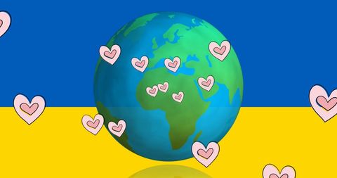 Global Support for Ukraine Represented by Hearts and World Map