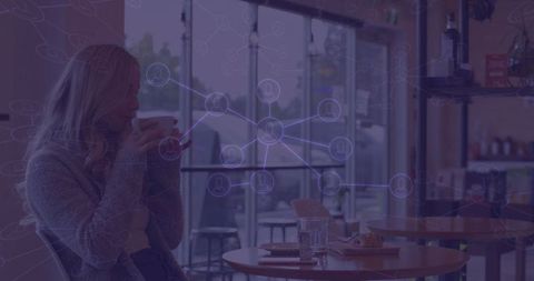 Woman Relishing Coffee in Modern Café with Digital Network Overlay