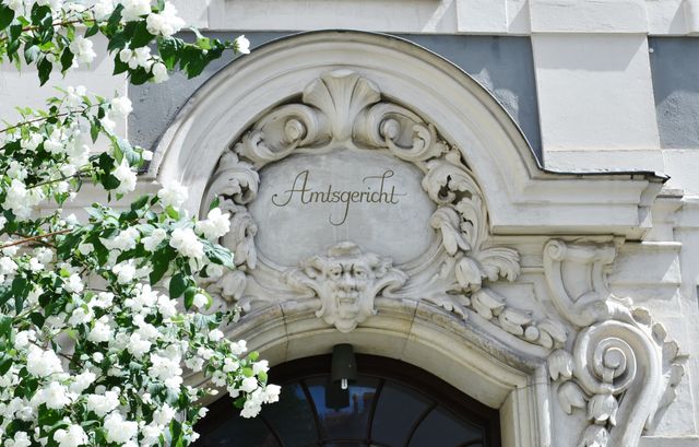 The image showcases the beautifully ornate entrance of a historical building, prominently featuring the word 'Amtsgericht' inscribed above. 'Amtsgericht' translates to 'district court' in English, indicating that this is the main entrance to a legal building in Germany. The entrance is surrounded by elaborate stone carvings and decorations, highlighting classical architectural details. Blooming white flowers are visible in the foreground, adding a touch of nature and color to the overall scene. This image can be used for topics related to German legal systems, architectural heritage, historical places, or court building exteriors. It is also suitable for promotional materials for cultural and historical tours.