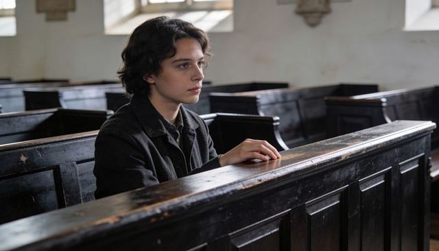 Teen sitting in rustic chapel pew gazing through sunlit windows reflective youth portrait