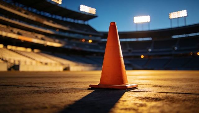 Orange traffic cone standing on stadium field at dusk with floodlights