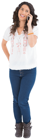 Smiling Brunette Woman Talking on Phone Transparent Background