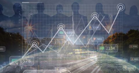 Rising business trend graph with corporate silhouettes