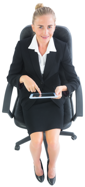 Transparent Blonde Businesswoman Sitting on Swivel Chair using Tablet - Download Free Stock Videos Pikwizard.com