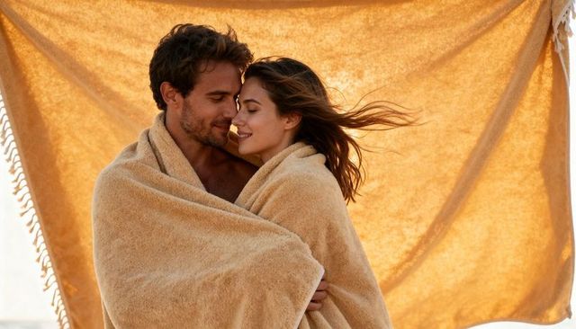Sunlit couple wrapping in beige beach towels sharing intimate embrace and warm smiles