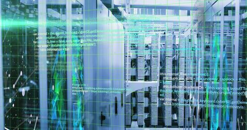 Digital Coding Overlay in Futuristic Data Center with Globe Visualization - Download Free Stock Images Pikwizard.com