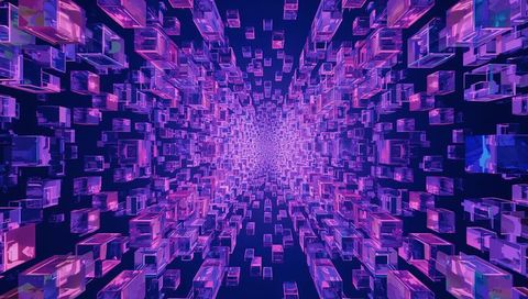 Spiraling neon glass cubes forming futuristic digital vortex tunnel in purple magenta