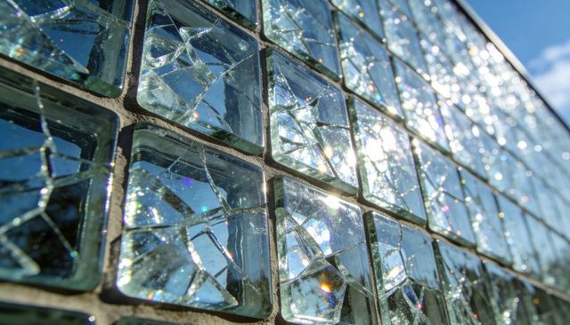 Cracked Glass Block Facade Reflecting Sunlight and Blue Sky