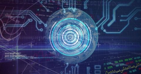 Rotating holographic globe projecting concentric hud rings over digital circuit grid