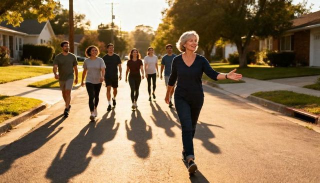 Senior woman leading neighborhood walking group at golden hour for fitness and wellness
