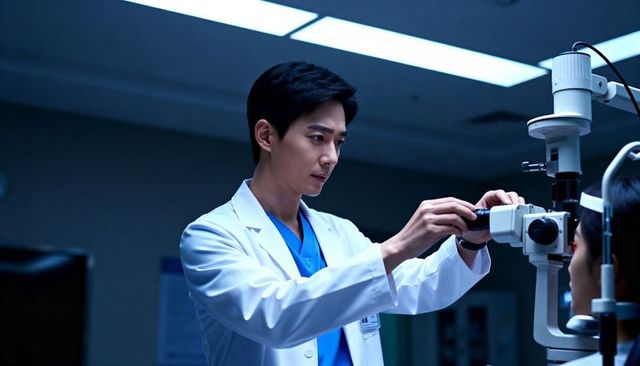Ophthalmologist adjusting slit-lamp microscope while examining patient in clinical exam room