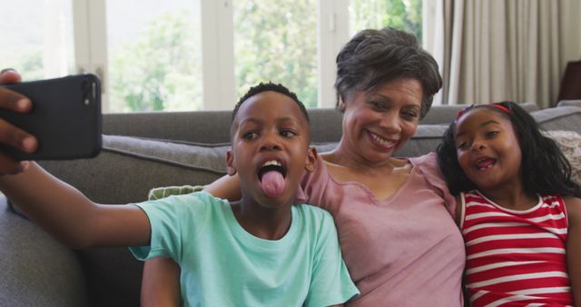 Happy biracial grandmother, granddaughter and grandson taking selfie with smartphone on couch - Download Free Stock Photos Pikwizard.com