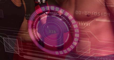 Futuristic neon hud overlay on headphones and chest, augmented reality fitness interface