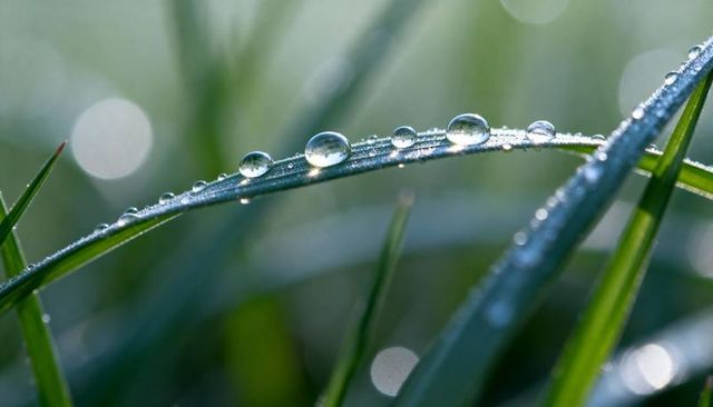 Morning dew sparkling on curved grass blade with crystal droplets and soft bokeh macro
