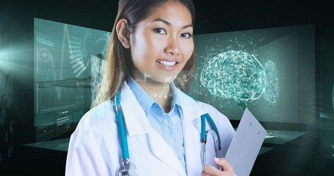 Asian Female Doctor with Futuristic Medical Interface Background