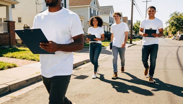 Volunteer canvassing team walking neighborhood streets with clipboards in white tees