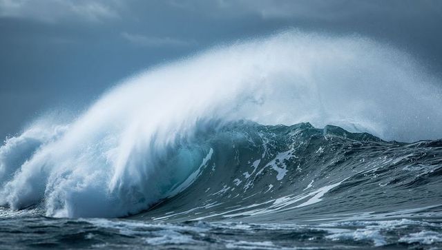 Crashing ocean wave curling and throwing spray over stormy teal open sea, foam mist