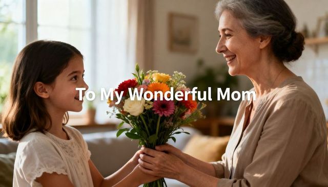 Young girl presenting colorful bouquet to smiling mother for mother's day in cozy home