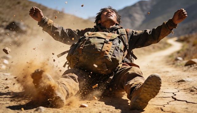 Hiker collapsing on cracked mountain trail kicking dust with worn backpack