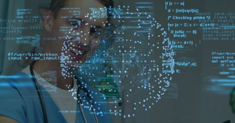 Smiling clinician in blue scrubs observing holographic global health data overlay