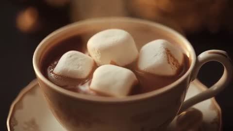 Steamy Cup of Cocoa with Melting Marshmallows on Wooden Table