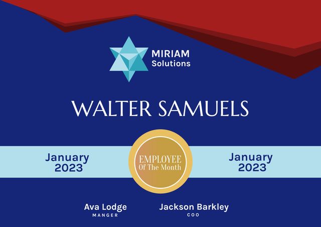 Miriam solutions employee of the month text with details and logo on blue with red abstract design. Business, employment, service, award and achievement certificate, digitally generated image.