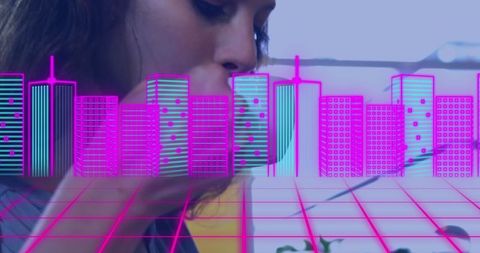 Woman enjoying sandwich in futuristic neon cityscape