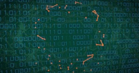 Teal binary data grid with orange nodes forming digital ring visualization