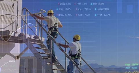 Technicians Climbing Industrial Staircase with Digital Data Overlay