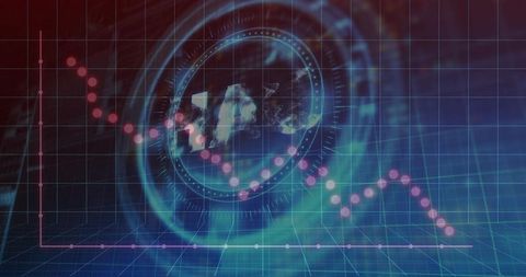 Displaying holographic globe with downtrend neon HUD and futuristic data visualization