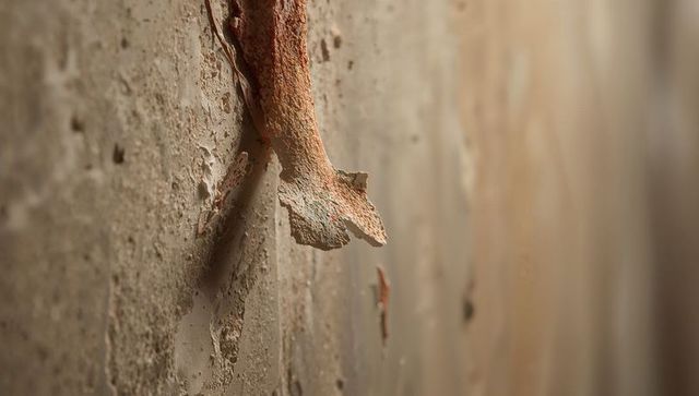 Curling peeling paint flake casting warm shadow on textured plaster corridor wall detail