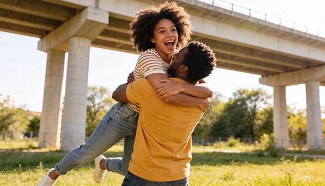 Sunlit black couple embracing and laughing under urban overpass