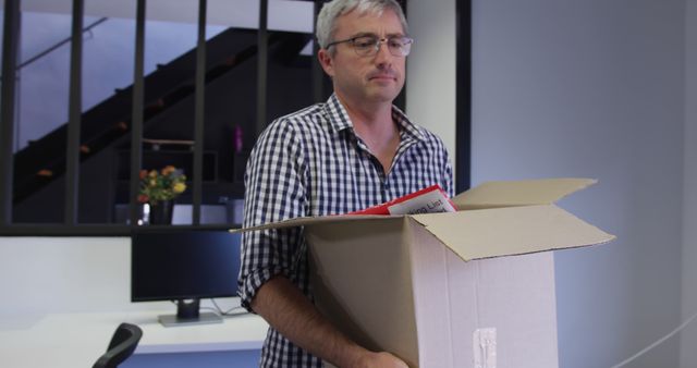 Middle-aged man packing office belongings in cardboard box - Download Free Stock Images Pikwizard.com