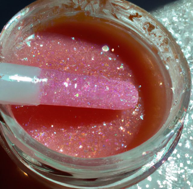 Close-up shot of glittering pink nail gel in an open container. Perfect for use in beauty and cosmetic industry materials, nail salon promotions, and social media marketing focused on nail art. Highlights color and texture with focus on glittering shine.