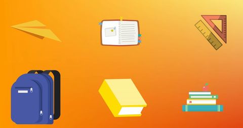 Educational icons with school supplies on orange gradient background