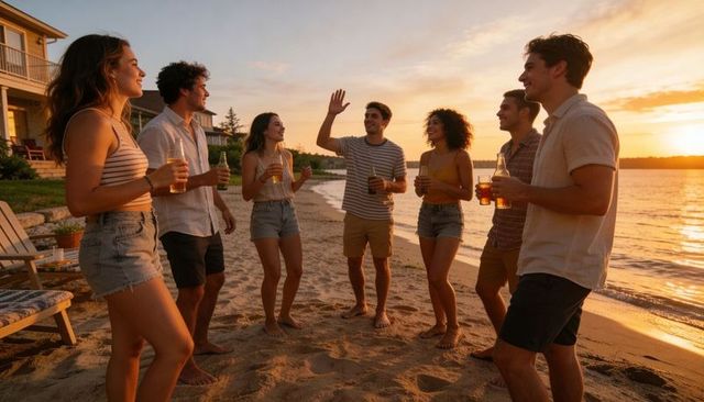 Group of young friends toasting at lakeside sunset, casual summer gathering on sand