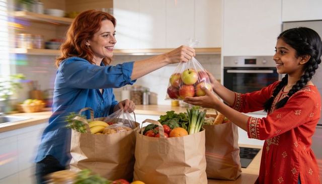 Mother handing apples to daughter in sunlit kitchen with grocery bags and fresh produce