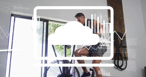 Pedaling man on air bike in home gym with cloud analytics overlay for fitness tracking